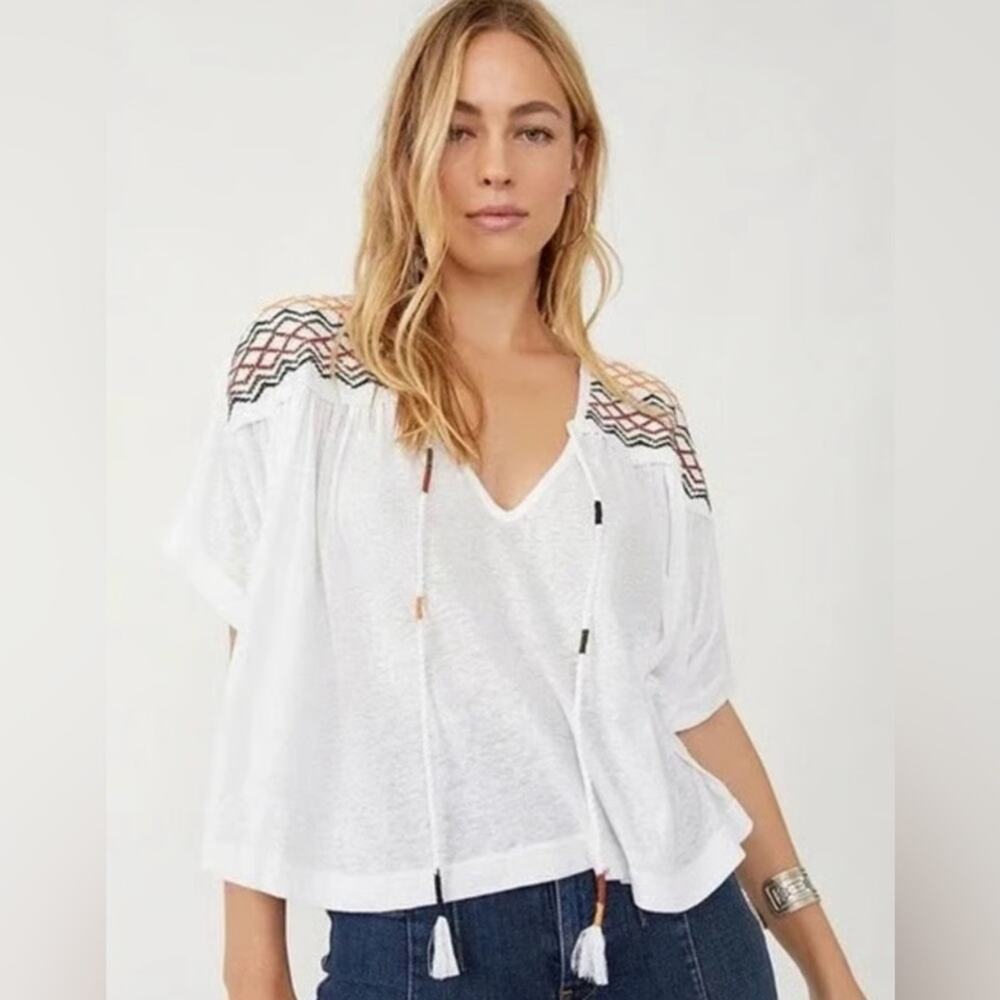 Free People Womens Market Embroidery Trim‎ Tassel Tie V-Neck Tee White Size XS